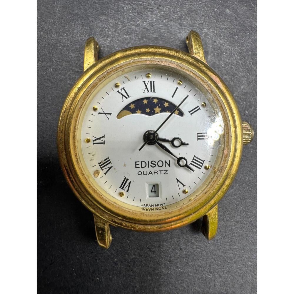 Vtg Edison Moon Phase Quartz Watch Unisex Gold Tone Date Japan Movt 21.4MM